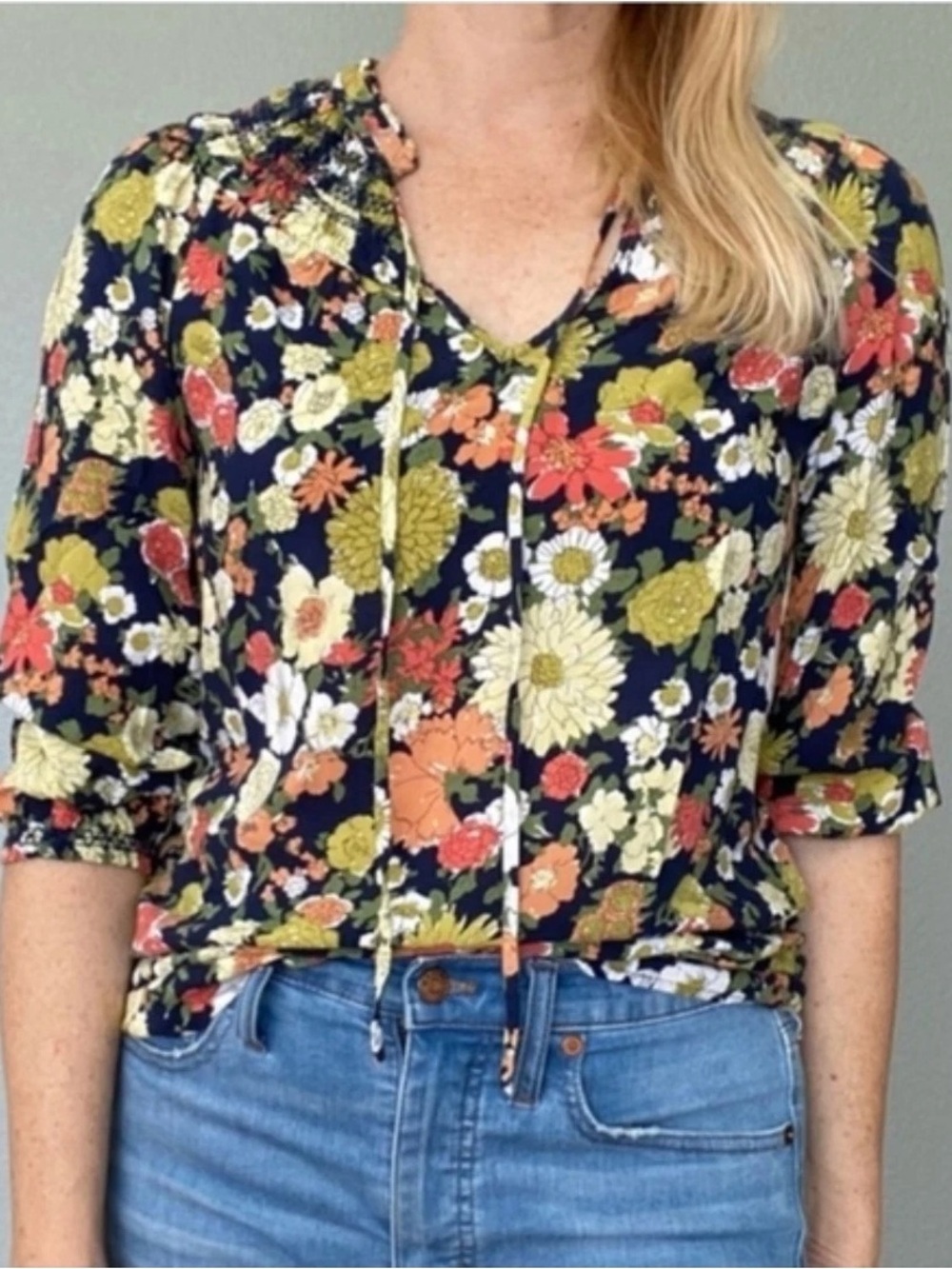 Anthropologie Women's Navy Floral Tie-Neck Blouse - Multicolor